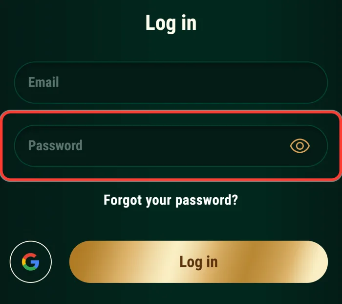 Password field in the login window with the eye icon
