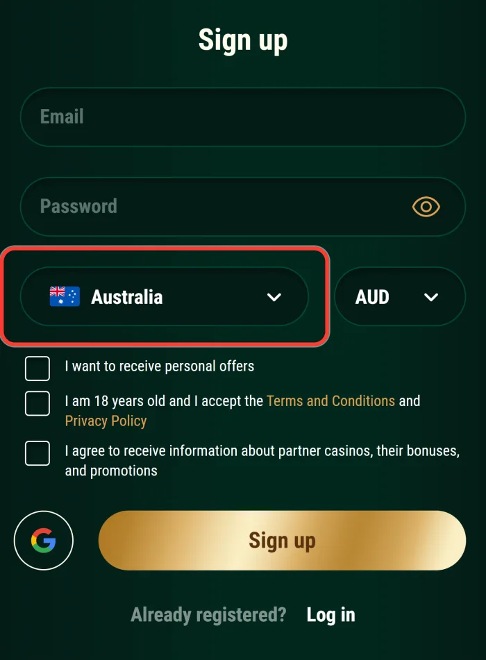 Country set to Australia in the Richard Casino registration form