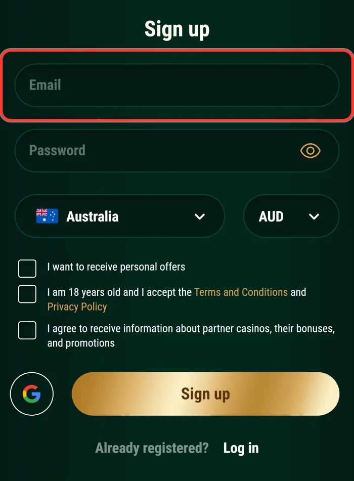Email field in the Richard Casino sign up form