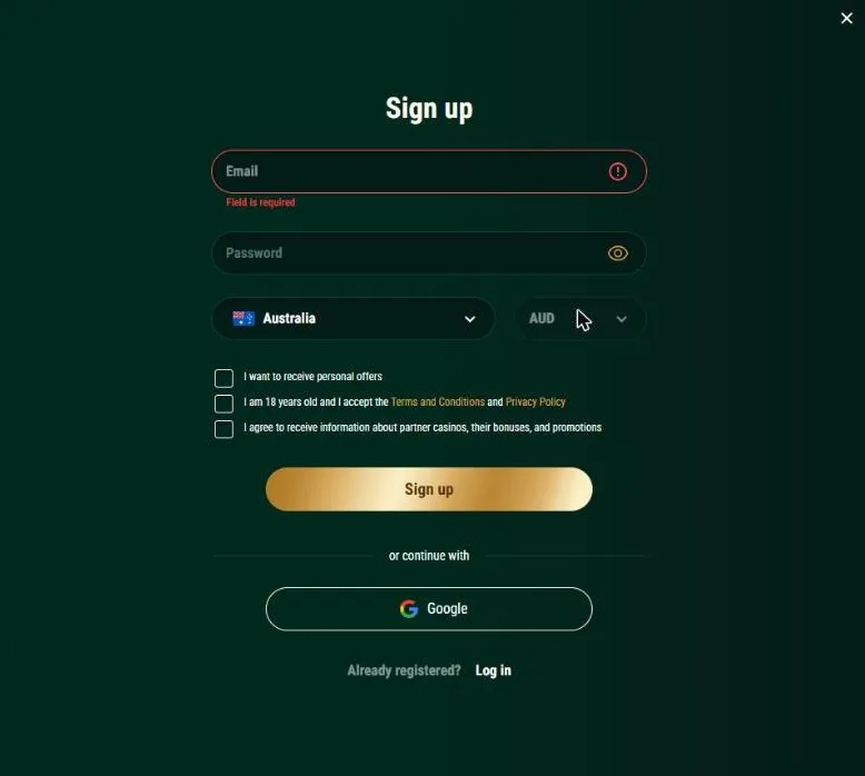 Sign up form showing the Field is required error under the email