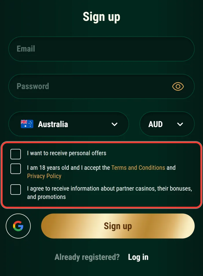 Checkboxes for personal offers and partner casino news in the form