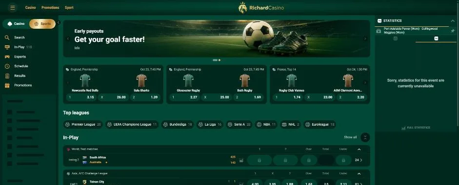 Richard Casino sportsbook with top leagues and In-Play matches