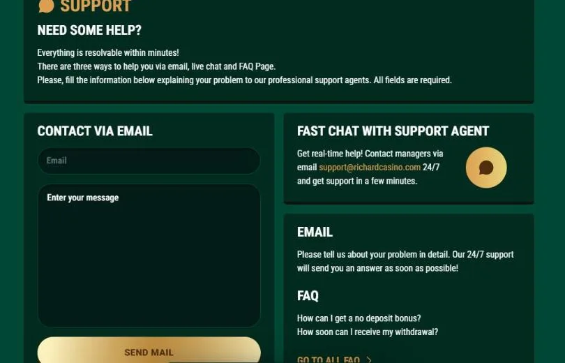 Richard Casino support page with email form, live chat and FAQ